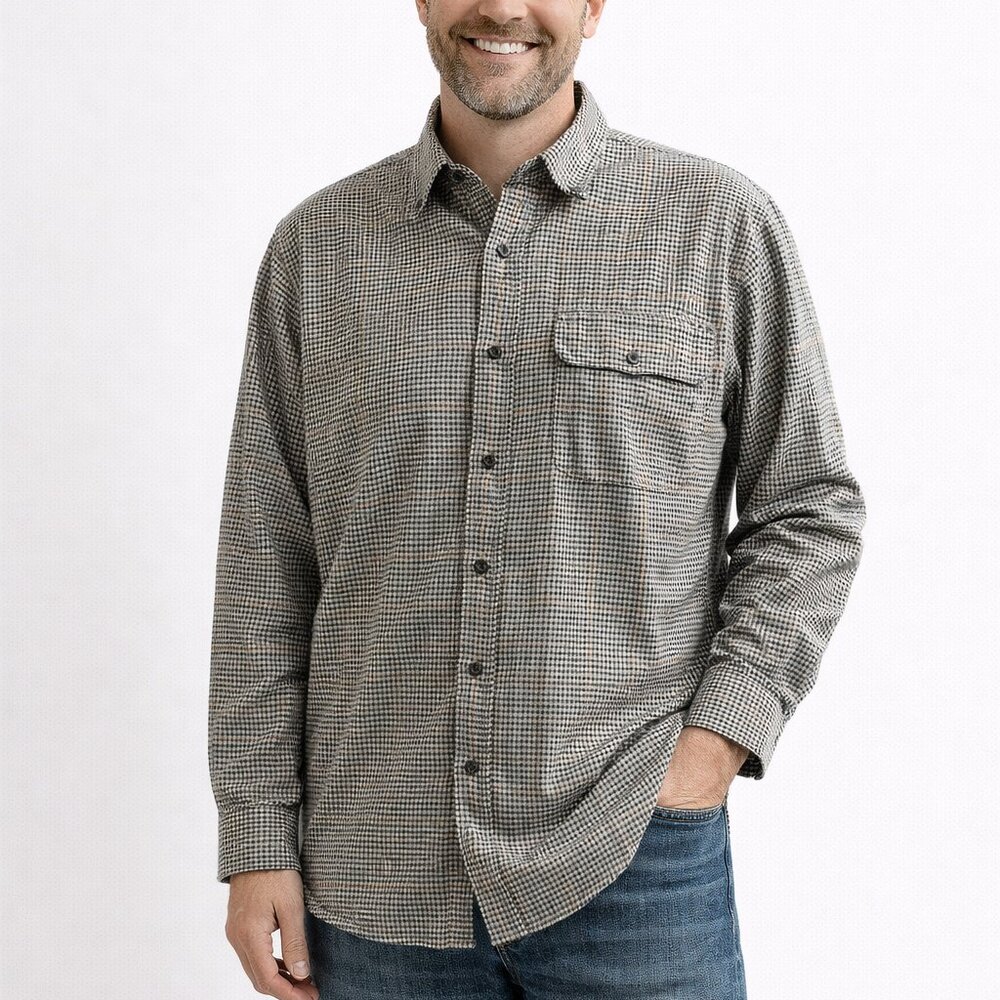 Orvis Men's XL Button-Up Shirt Brown Check Cotton Twill Casual Outdoor